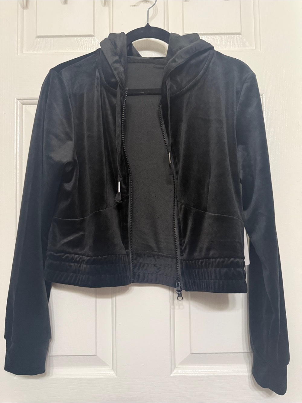 Black Velvet Hooded Zip Jacket - Women
